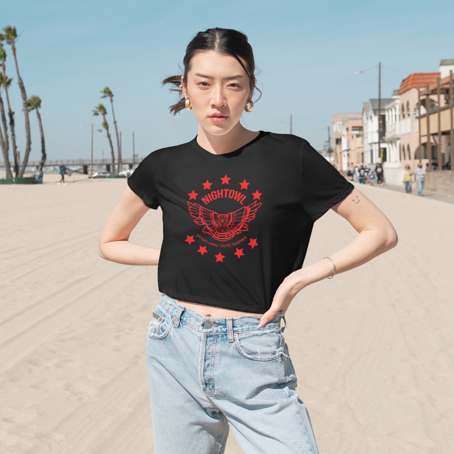 "Nightowl" Women's Flowy Cropped Tee - Red eYe Clique HQ