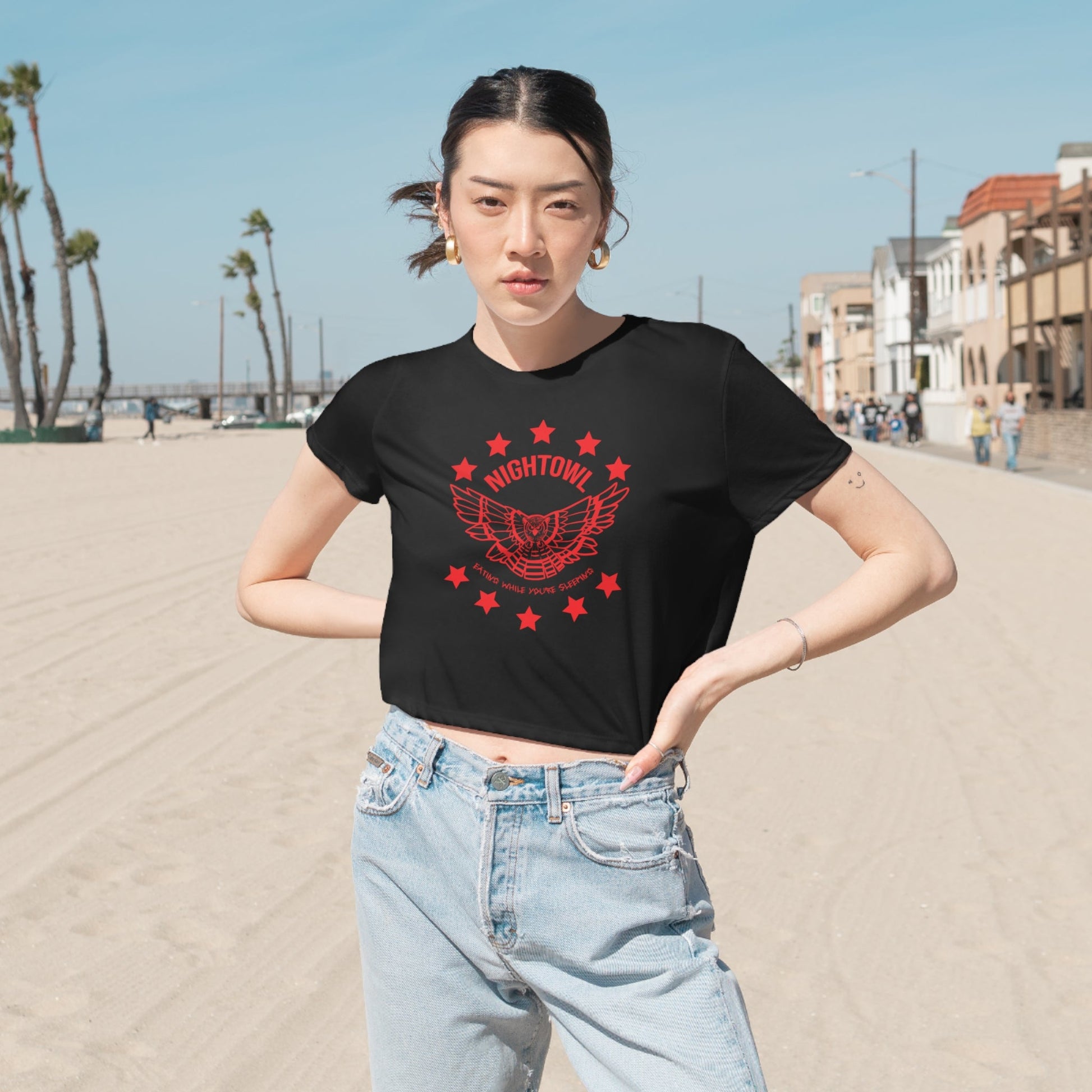 "Nightowl" Women's Flowy Cropped Tee - Red eYe Clique HQ